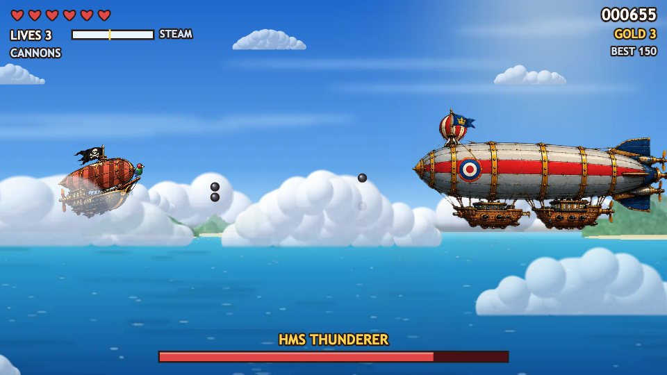The painted Cloud Dancer airship facing HMS Thunderer, a huge navy dreadnought zeppelin with a red war stripe, over a tropical sea.