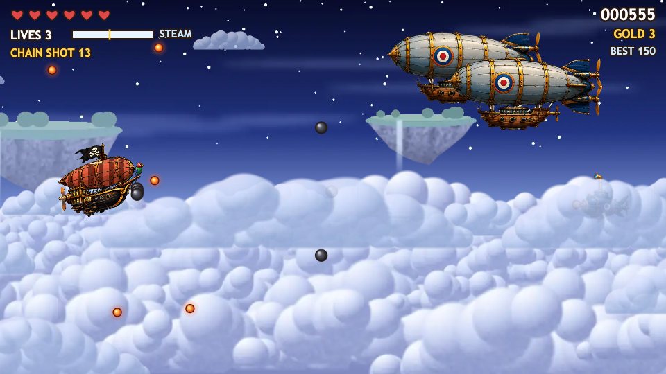 Gyrocopters flying in a line over a sea of cloud, with floating islands under a starry sky.