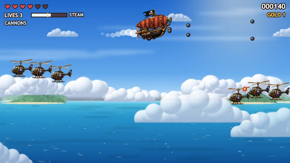 The airship on FULL STEAM, trailing steam over the Reef Skies, with a flak tower on an islet below.
