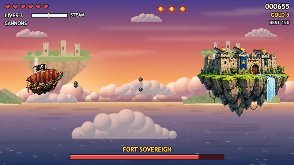 Fort Sovereign, a stone fortress with brass gun turrets on a floating rock with a waterfall, in a sunset sky.