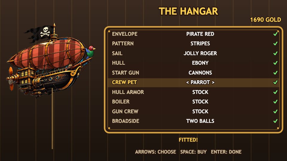 The Hangar: the airship with a blue striped envelope and a parrot, beside the list of choices.