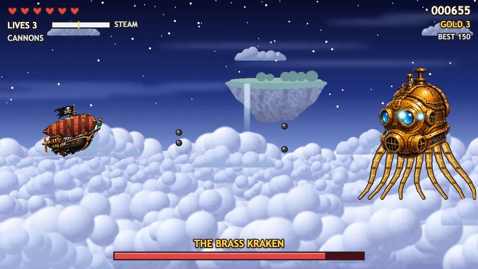 The Brass Kraken, a riveted brass dome with glowing eyes and clockwork tentacles, over a sea of cloud under the stars.