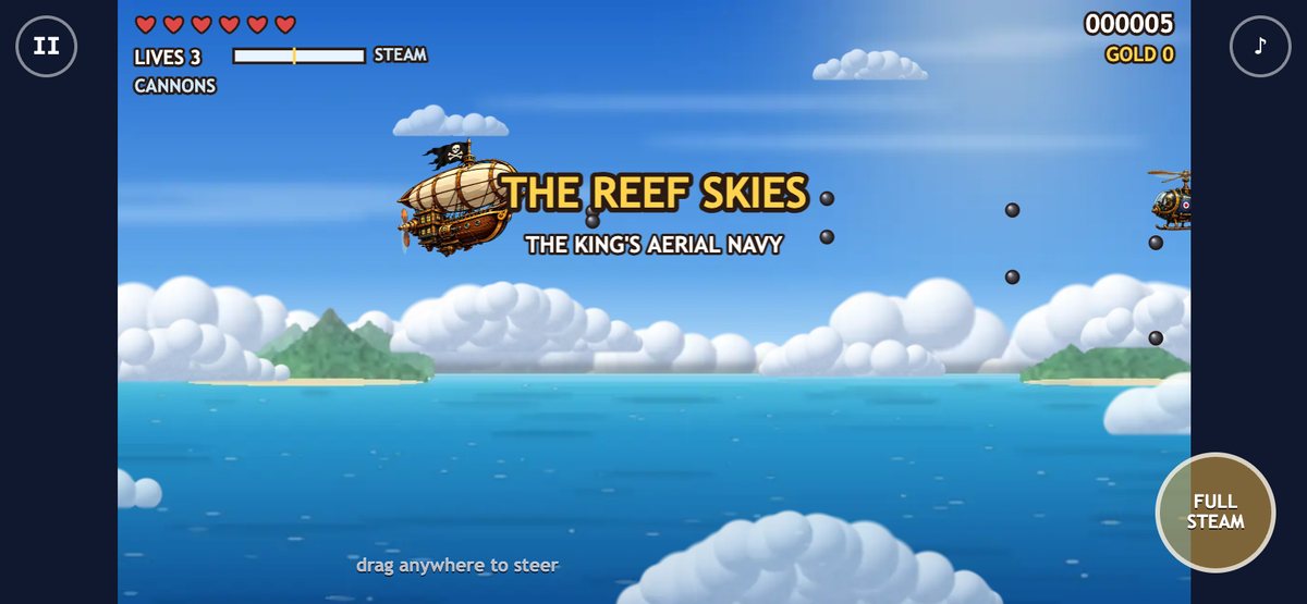 The game on a phone held sideways, with pause and mute in the corners and a FULL STEAM button at the bottom right.