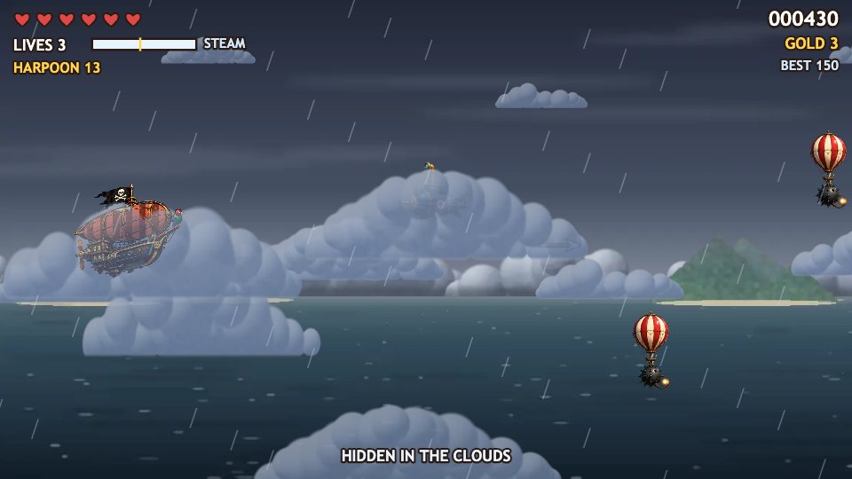The airship tucked into a grey storm cloud in the rain, with HIDDEN IN THE CLOUDS at the bottom of the screen.