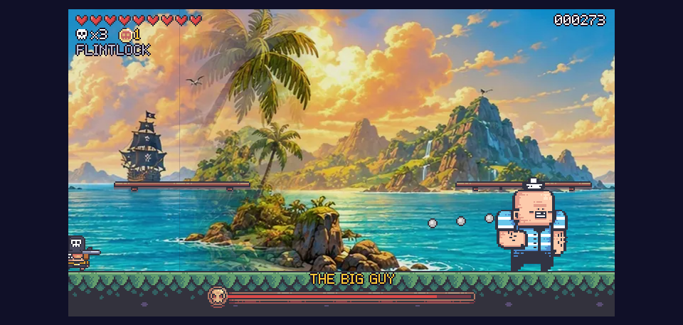 The captain faces the Big Guy, a huge bald sailor, on Palm Tree Island.