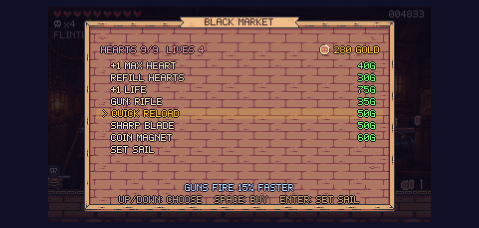 The Black Market shop listing upgrades and prices.