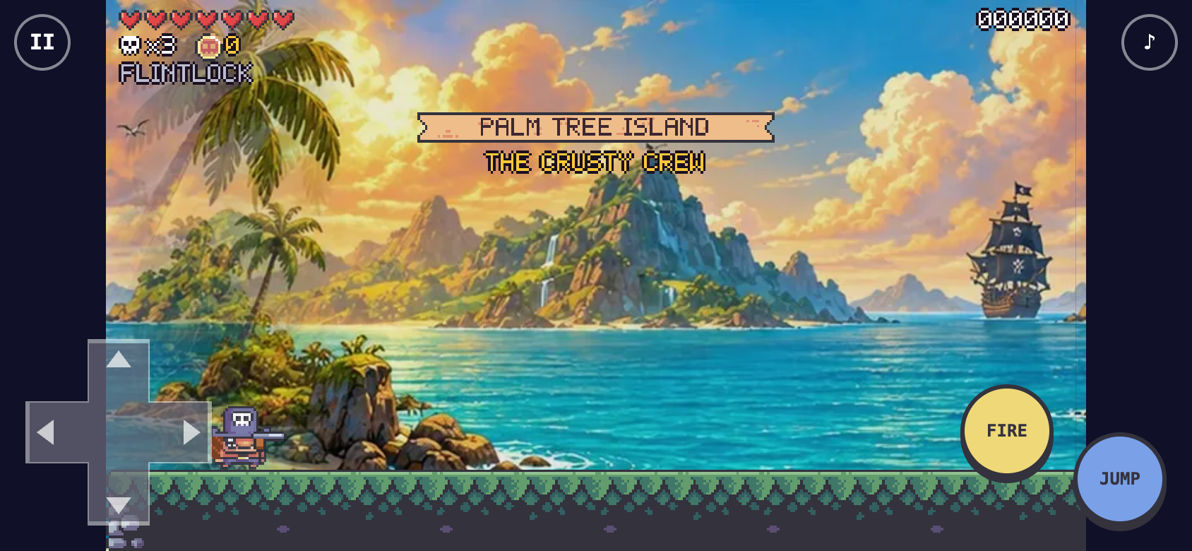 The game on a phone with a D-pad on the left and Jump and Fire buttons on the right.