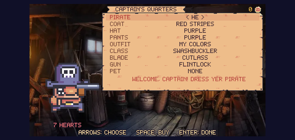 The Captain's Quarters: the she-captain in a green coat and red hat beside a parchment list of choices.