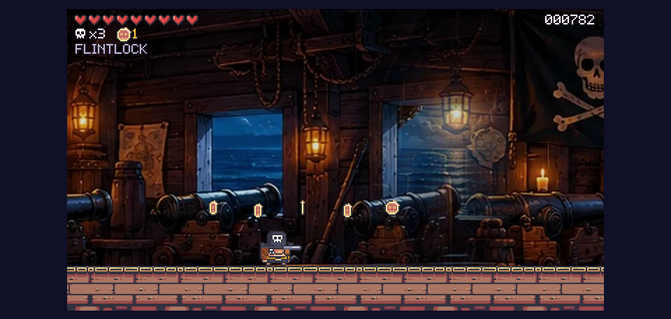 Inside the pirate ship: plank walls, portholes and hanging chains.