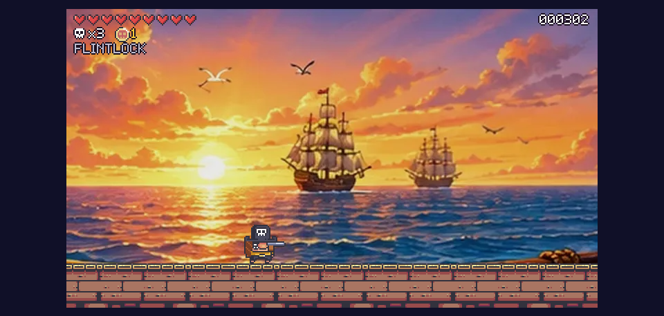 The merchant ship's deck with the whole crew lined up: a crab, a fish, a seashell, a starfish, a bald officer and a cannon, under floating gun badges.